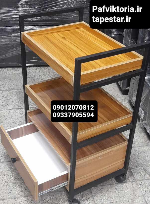 ترولی آرایشگاهی چوبی دو لگن یه کشو طرح چوب فلز مشکی ارسال به سراسر ایران امکان خرید حضوری